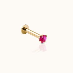 14K Solid Gold 2mm Ruby CZ Threadless Labret Flat Back Nap Earring by Doviana Forward Helix Earrings, Vogue British, Conch Earring, Flat Back Earrings, Tragus Earrings, Gold Piece, Single Earring, Push Pin, Gold Material