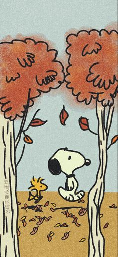 an image of a dog in the woods with leaves falling from trees and another dog looking up at it