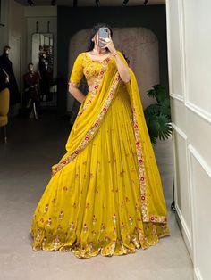 Zip Stitching, Embroidery Work Blouse, Haldi Outfit, Lehenga Dupatta, Indian Wedding Outfit, Georgette Lehenga, Mustard Yellow Color, Stitched Lehenga, Lehenga Fabric