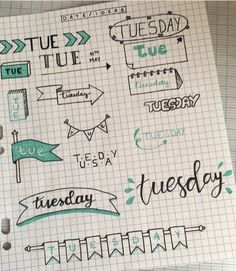 a notebook with some writing on it and arrows in the middle, including one that says tuesday