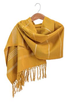 Whether for fashion or for a little added warmth you cannot go wrong with this bronze yellow rectangular shawl. Pedal loom woven in 100% cotton it is a bit of Guatemalan tradition for your wardrobe. Cotton Shawl, Striped Shawl, Striped Scarves, Gold Yellow, Mustard Yellow, Winter Scarf, Yellow White, Loom, White Stripe