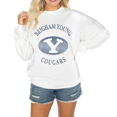 The Women's Gameday Couture White BYU Cougars Good Vibes Premium Fleece Drop Shoulder Pullover Sweatshirt is the perfect way to show your support for the BYU Cougars. Made from a soft and comfortable cotton-polyester blend, this sweatshirt features distressed screen print graphics that will make you stand out from the crowd. The midweight top is suitable for moderate temperatures, making it perfect for game days or any day you want to show your Cougar pride. Byu Cougars, Dream College, Autumn Clothes, Cute Preppy Outfits, Preppy Outfits, Screen Print, Pullover Sweatshirt