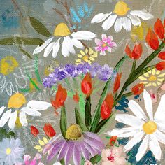 an oil painting of colorful flowers on a gray background with white, red and yellow daisies in the foreground