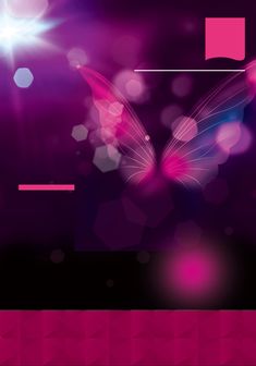 an abstract purple background with pink and blue shapes on the bottom right corner is a butterfly, which appears to be flying in the air