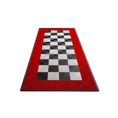 a black and white checkered rug on a red carpet with an area rug underneath it