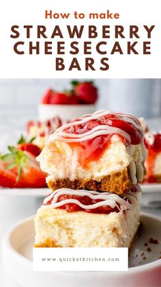 strawberry cheesecake bars are stacked on top of each other