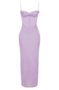 Be the highlight of every glam event in this stunning corset dress cut from silky satin in a curvaceous silhouette for an elegantly seductive look. Exclusive retailer 59 1/2" length Cowl neck Spaghetti straps Polyester/elastane Dry clean Imported Purple Dress Corset, Lavender Wedding Guest Outfit, Corset Wedding Guest Dress, Purple Corset Dress, House Of Cb Charmaine, Lavender Silk Dress, Black Dress Pants Outfits, Lilac Dresses, Summer Ball