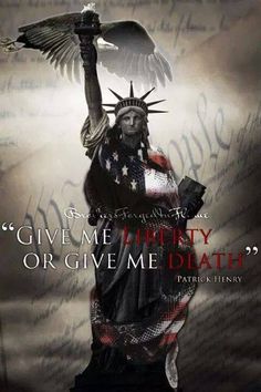 the statue of liberty with an eagle on it's arm and words above it