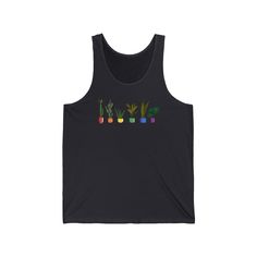 a black tank top with the word plant in colorful letters on it, and an image of