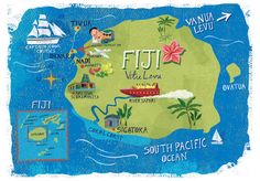 an illustrated map of fiji with all the main attractions