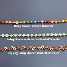 three flower beaded bracelets with different colors