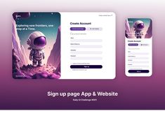 the sign up page for an app and website with spaceman in purple tones on it