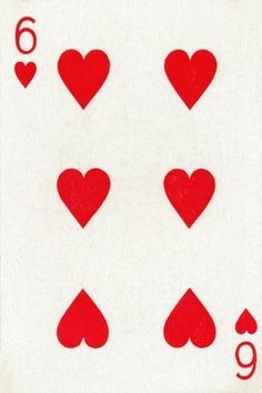 the back side of a playing card with six hearts in red and four on white