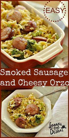 two pictures of sausage and cheesy orzo with broccoli on the side