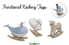 three wooden rocking toys with different animals on them and the words functional rocking toys above it