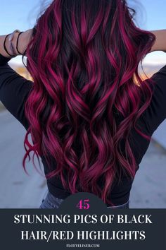 Check out our collection of stunning black hair/red highlights ideas to try in 2024. From the gorgeous color combo of black and magenta red highlights you see here to subtle burgundy balayage looks, we've gathered over 40 ideas in our latest article.  Click to see them all now or save this pin for later! Charcoal Fuschia Hair Color, Red Hair Color With Lowlights, Dark Hair With Magenta Highlights, Red And Purple Highlights On Dark Hair, Black With Red Highlights Hair, Hair Color For Dark Hair With Highlights, Funky Red Hair Color, Red And Fuschia Hair, Violet Red Hair With Highlights