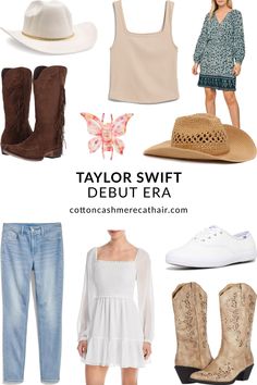 the taylor swift debuut era collection is featured in this image with text overlay