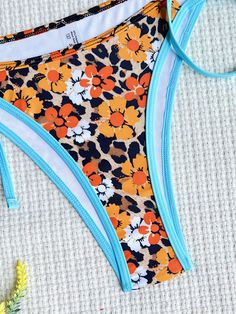 Vacation Tie Side Printed Halter-Neck Bikini Swimsuit Orange Brief Swimwear For Beach, Buckle Skirt, Beach Swimming Pool, Orange Swimsuit, Blue One Piece, Beach Swimming, Asymmetrical Skirt, Fashion Advice, Halter Neck