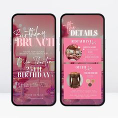 the birthday brunch flyer is displayed on two iphones, one with a pink background