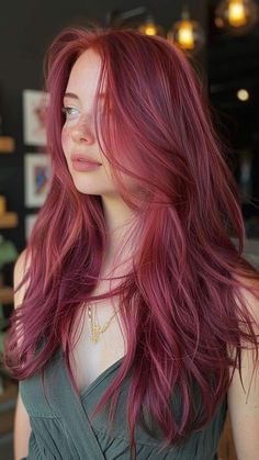 Women's Hair Color Ideas, Red Hair Color Light Skin, Pink Over Red Hair, Fall Hair Fashion Colors, Red Hair Purple Undertone, Rosy Red Hair, Red Hair Unique, Red Raspberry Hair Color, Vivid Color Hair Ideas