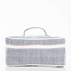 Our Stripes Train Case is handy for dorm living and travel! -Measures 5" x 11" x 8" -Made of canvas with a wipeable interior -Can be monogrammed for $15 Full Zip Makeup Bag, Cute Makeup Bags Nordstrom, Jemina Makeup Bag Roller Rabbit, Affordable Preppy Everyday Use Bags, Jewelry Travel Bag, Monogrammed Makeup Bags, Best White Elephant Gifts, Cute Makeup Bags, Bag Jewelry