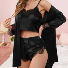 Robe Is Not For Sell Size S True To Size New Without Tags Short Night Dress, Lace Trim Cami Top, Pyjama Satin, Black Pajamas, Satin Cami Top, Sleepwear Fashion, Cute Pajama Sets, Short Pj Set, Cami Set