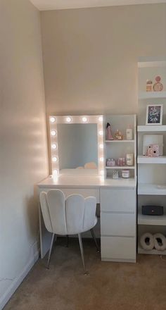 a white desk with lights on it in a room