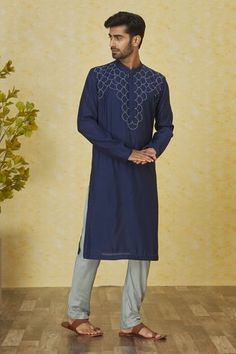 Shop for Priyanka Haralalka Blue Roman Silk Embroidered Yoke Kurta Set for Men Online at Aza Fashions Knot Thread, Scallop Pattern, Kurta Set For Men, Straight Kurta, Katan Silk, French Knot, Thread Work, Kurta Set, Full Sleeves