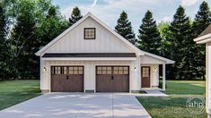 a two car garage is shown in front of some trees