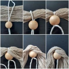 four pictures showing how to make an ornament out of twine and wood beads