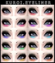 an image of many different colored eyes with the words kuro eyeliner on them