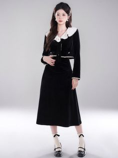 ❤︎Rose ribbon black velvet stitched short jacket + long skirt❤︎ Black Skirt Suit For Fall Party, Black Skirt Suit For Party In Fall, Black Long Sleeve Skirt Suit For Evening, Black Long Sleeve Skirt Suit For Party, Rose Ribbon, Jacket Long, Short Coat, Short Jacket, Black Skirt