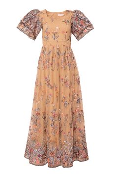 Turn heads year round in our Fauna Dress! The tan chiffon fabric is adorned with vibrant pink and orange embroidered floral, while a gold threaded tulle mid layer adds dimension. The sweetheart neckline, tiered bell sleeves, and maxi-length skirt with embroidered and sequin detailing make this dress an absolute showstopper. A hidden back zipper & full lining ensure a perfect fit. fall aesthetic, pinterset outfit, fall outfit, family photos, country aesthetic, equestrian, floral embroidery Spring Gala Maxi Dress With Floral Embroidery, Peach Party Dress With Floral Embroidery, Spring Floral Embroidered Maxi Dress For Gala, Floral Embroidery Maxi Dress For Spring Gala, Apricot Maxi Party Dress, Spring Gold Floor-length Maxi Dress, Orange Floral Embroidered Dress For Wedding, Apricot Maxi Dress For Party, Orange Floral Embroidered Wedding Dress