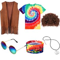 PRICES MAY VARY. 6 Pieces Hippie Costume Set: the package comes with 1 coffee-colored hippie fringed vest, 1 colorful tie dye T-shirt, 1 peace sign necklace, 1 brown jumbo Afro wig, 1 hippie headband and 1 pair of hippie glasses, 6 pieces in total, enough to dress you up in hippie style Check Sizes Carefully: the Afro wig, sunglasses, hippie headband and peace symbol necklace are in one size, suitable for most adults; The t-shirt and hippie fringe vest are in the same size, 5 sizes to choose fro Hippie Glasses, Hippie Sunglasses, Hippie Headband, Hippie Accessories, Afro Wig, Colorful Headbands, Hippie Headbands, Peace Sign Necklace, Fringe Vest