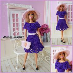 the doll is wearing a purple crocheted dress and matching hat with her purse