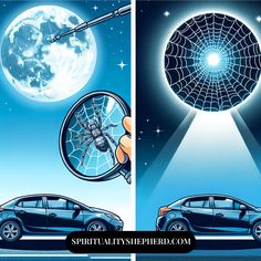 a car with a spider web on it's windshield is shown in front of a full moon