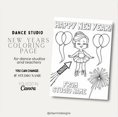 a new year coloring page for kids with balloons and a girl in a tutu skirt