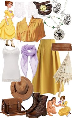 a woman in yellow dress and hat with accessories on her feet, including shoes, necklaces