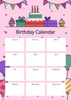 a pink birthday calendar with balloons and cake on it, surrounded by confetti