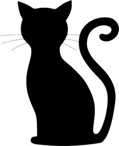 a black cat silhouetted on a white background with the tail curled up and eyes closed