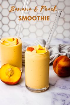 two glasses filled with smoothie next to sliced peaches