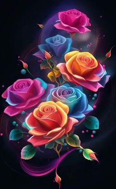 three colorful roses on a black background with swirls and leaves in the foreground