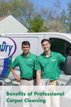 two men in green shirts standing next to a van with the words 5 benefits of hiring professional carpet cleaners