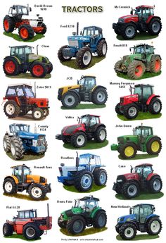 a bunch of farm tractors are shown in this image, with the names on them