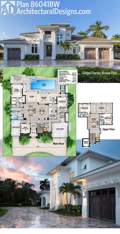 two story house plans with three car garages and an open floor plan for this home