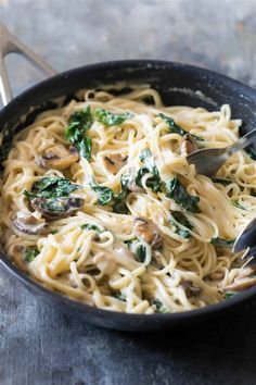 a skillet filled with pasta and mushrooms