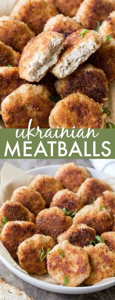 chicken meatballs with parsley on top in a white bowl and an image of the side dish