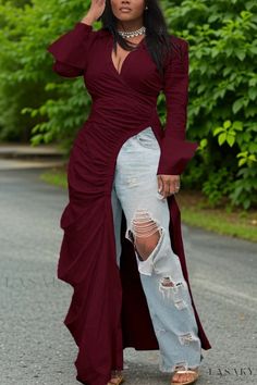 Lasaky - Layered Long Sleeve Maxi Dress with Deep V Neck and Flowing Design Layered Long Sleeve, Sleeve Maxi Dress, Long Sleeve Maxi, V Neckline, Waist Dress, Long Sleeve Maxi Dress, Deep V Neck, Deep V, Fashion Boutique