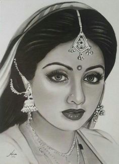 a pencil drawing of a woman with jewelry on her head and eyes, in black and white