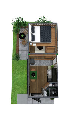 A narrow 3D container house floor plan with one loft bedroom, and a porch. Floor Plan With Loft, Tiny House Floor Plan, Loft Floor Plans, Loft Bedroom, App Home, Tiny House Floor Plans, Sliding Glass Doors